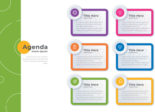 Colorful agenda template with six text boxes - Powered by Adobe