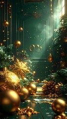 Festive Christmas scene with golden ornaments and snowy fir branches holiday