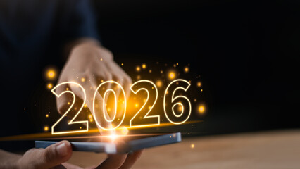 2026 emerges from a smartphone, symbolizing futuristic innovation, digital trends, and new year technology concepts. Ideal for business, marketing, tech transformation visuals, Perfect for futuristic