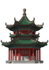 Traditional Chinese Pavilion Architecture with Intricate Green Roofs and Red Columns