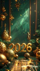 Festive 2026 New Year celebration with golden ornaments and fir branches numbers