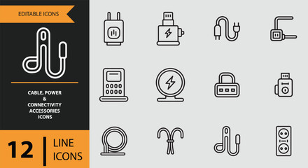 A comprehensive set of line icons for power, cable, and connectivity accessories