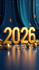 Gleaming Gold 2026 Numerals Against a Luxurious Blue Drape Background new year golden numbers