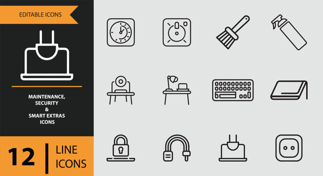Essential line icons for home maintenance, security, and smart device management