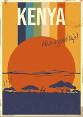 Kenya Attraction Postcard, African Savannah Landscape Illustration, Vector Template Retro Style Greeting Card with handwriting wish. 1970s Color Lines, Aged Paper Texture