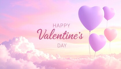 Romantic Valentine's Day greeting card with floating heart-shaped balloons in pastel colors against a whimsical cloudy sky with 'Happy Valentine's Day' text, soft, dreamy, and minimalist sty