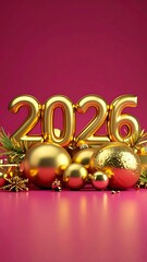 Gold 2026 numbers and ornaments on a vibrant pink background new year