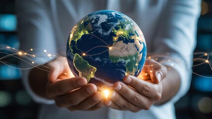 Close-up of hands holding illuminated Earth with digital network, representing global business