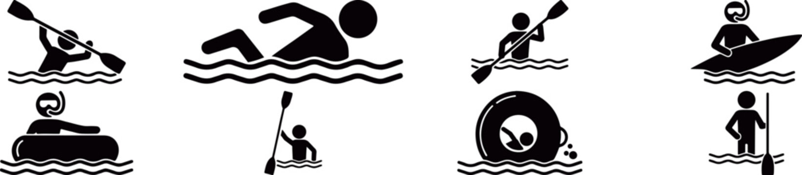 Swimming and water sport silhouette icon set with divers swimmers and pool activities, fitness and aquatic sports graphics for training materials, sport branding and vector illustration