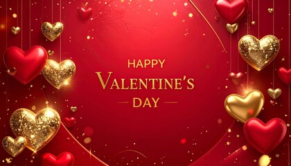 Valentine's Day greeting card with golden hearts, red hearts, and sparkling lights on red background, elegant, luxurious, and romantic artistic style.