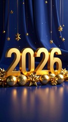 Gold 2026 Numbers Surrounded by Spheres and Starburst Ornaments on Blue new year