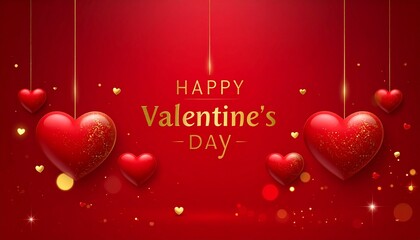 Valentine's Day greeting card with ornate red hearts suspended from strings against a vibrant red background with golden accents and bokeh effect.