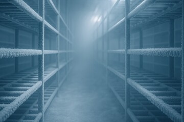 Obraz premium Cold chain logistics warehouse logistic. Frozen metal shelves in cold storage room covered with frost and ice creating chilly atmosphere