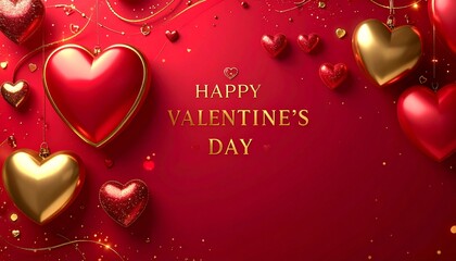 Valentine's Day greeting card with golden text, red and gold hearts, and shiny ornaments on a red background, festive, elegant, and romantic.