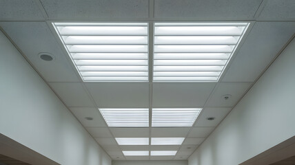 Bright Symmetrical Fluorescent Lighting Panels in a Modern Office or Institutional Ceiling with Acoustic Tiles.png