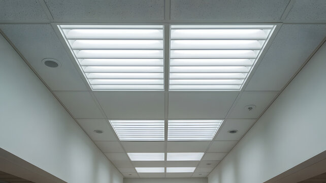 Bright Symmetrical Fluorescent Lighting Panels in a Modern Office or Institutional Ceiling with Acoustic Tiles.png - Powered by Adobe