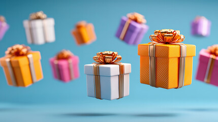 Cyber Monday online shopping concept with gift boxes and floating digital surprise elements