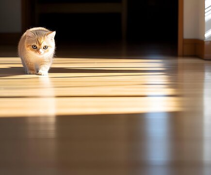 Kitten Walking in Sunlit Hallway