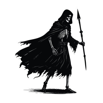 A grim reaper skeleton in a hooded black cloak holding a spear