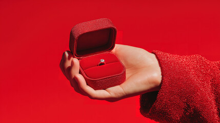 Female hand holding open red jewelry box on matching red background for gift concept scene