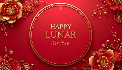 Vibrant red Chinese New Year greeting card with golden 'HAPPY LUNAR New Year' text, ornate floral patterns, and elegant calligraphy style on red background