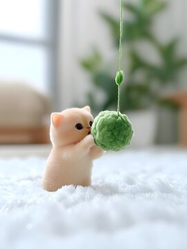 Tiny Cream Kitten Playing with Yarn
