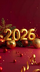 Golden 2026 Numbers with Christmas Pine Branches and Red Ornaments on Red new year