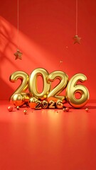 Golden 2026 Numbers with Festive Ornaments on Red Background new year golden numbers