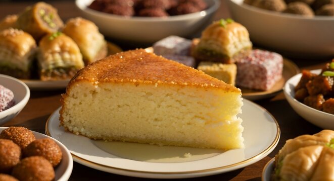 Delicious slice of traditional middle eastern basbousa cake surrounded by various sweet pastries