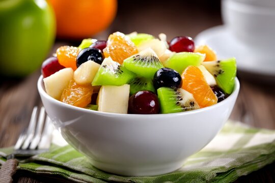 Colorful fresh fruit salad fills white bowl, wholesome mix kiwi, oranges, grapes, blueberries for healthy meal - Powered by Adobe