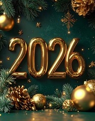 Golden 2026 numbers with pine branches and Christmas ornaments on dark green new year