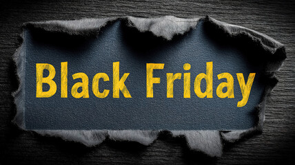 Black Friday composition with torn black paper and bold text on dark promotional background