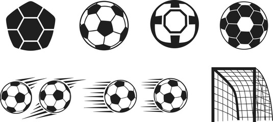 soccer football ball silhouette sport game goal motion kick competition vector icon black illustration isolated design set