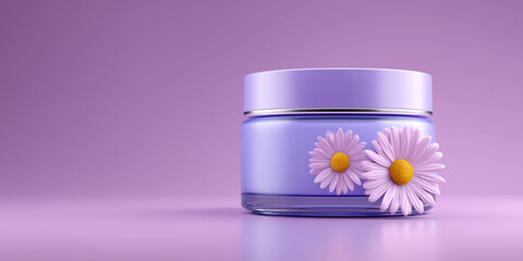 Cosmetic cream jar on a lavender background, symbolizing self care and beauty for international women's day copy space banner