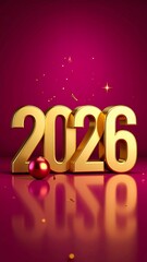 Shiny Gold 2026 Numbers with a Single Red Sphere on Magenta Background new year golden numbers