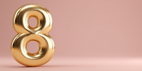 Golden textured number 8 on a soft pink background. Concept celebrating women, self care, and global recognition copy space banner