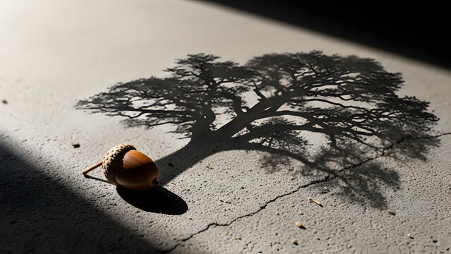 Single small acorn casting huge shadow of fully grown mighty oak tree on cracked concrete floor symbolizing great potential for growth