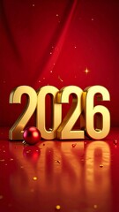 Shiny gold 2026 numbers with red Christmas bauble and confetti on red new year golden