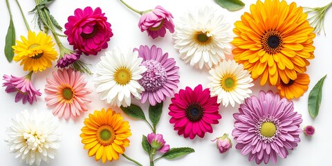 Assorted vibrant gerbera daisies and chrysanthemums in various colors artfully arranged on a white background
