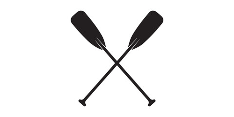 Two crossed oars vector icon. Two black Kayak or canoe paddle silhouette. Rowing paddles sign. Plastic oars. Water sport. River rafting. Symbol isolated on white background.