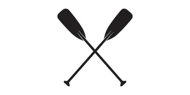 Two crossed oars vector icon. Two black Kayak or canoe paddle silhouette. Rowing paddles sign. Plastic oars. Water sport. River rafting. Symbol isolated on white background.