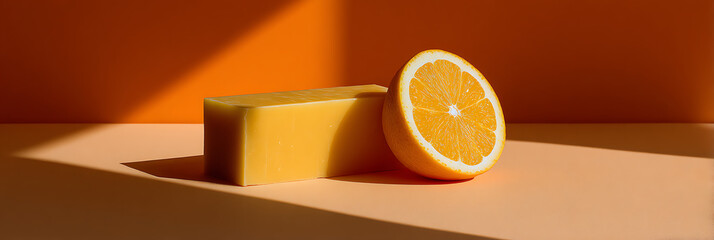 Natural Yellow Soap Bar with Fresh Orange Half on Orange Background with Dramatic Shadow, Citrus Skincare Product Photography