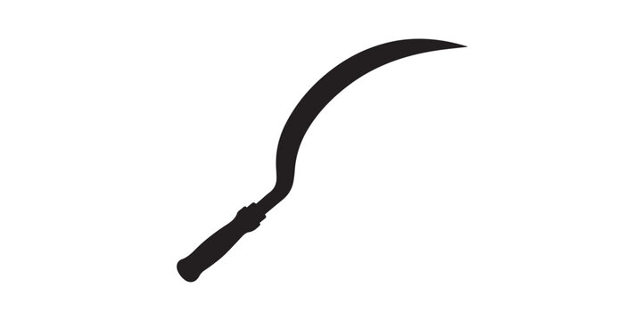 Download high resolution vector graphic of black silhouette sickle tool for harvesting crops and grass,Sickle tool silhouette icon vector. Traditional farming hand tool design for harvest, agriculture