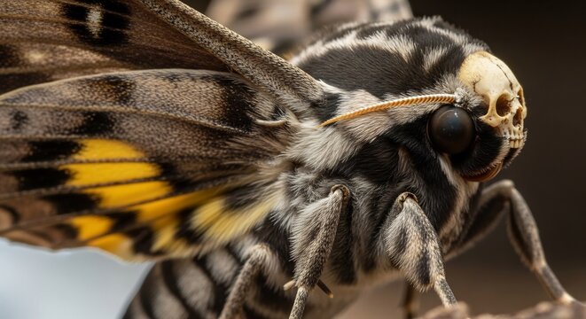 Dramatic dramatic moment's-head hawkmoth with distinctive skull pattern on thorax