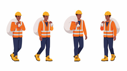 Obraz premium Animated black man in safety gear carrying a sack, depicted in four different poses.