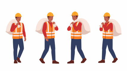 Four animated illustrations of a construction worker wearing a hard hat and safety vest, carrying a large white sack over his shoulder, walking in various poses.