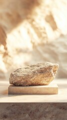 vertical Beige concept product display podium Rock Stone with blurred background with sunlight shadow
