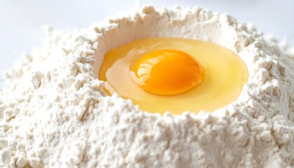 Close-up view of an egg cracked into a well of flour. The bright yolk sits prominently. Soft lighting highlights textures