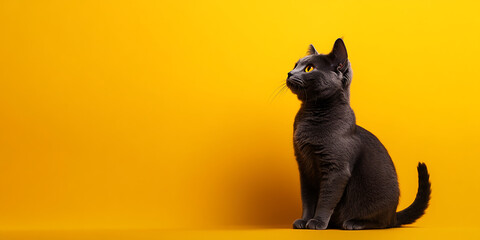 Black cat side profile portrait sitting on bright yellow background looking away, contrasting color photography, Halloween or pet adoption concept, minimalist style.


