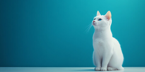Beautiful white cat sitting on teal blue background, looking up, minimalist pet portrait, domestic feline with blue eyes, contrasting color photography.

